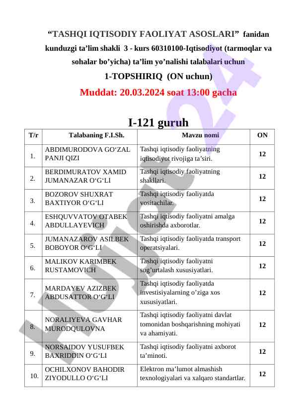 Tashqi iqtisodiy faoliyat asoslari topshiriq