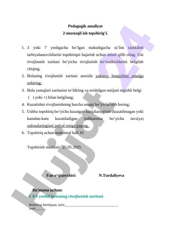 Pedagogik Amaliyot 2-Mustaqil Ish Topshiriqi