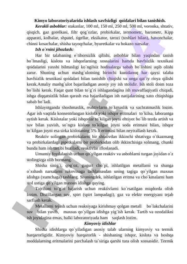 Kimyo laboratoriyalarida xavfsizlik qoidalari