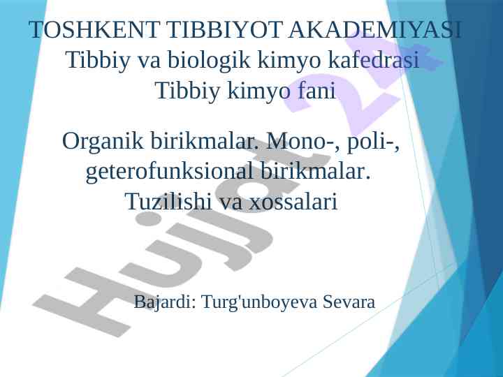 Tibbiy kimyo fani: organik birikmalar tahlili