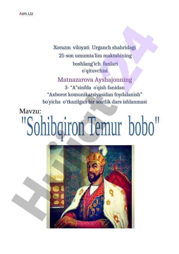 Dars ishlanmasi: sohibqiron temur bobo