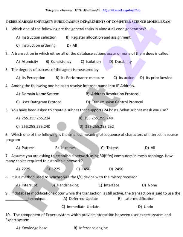 Model exam for computer science department