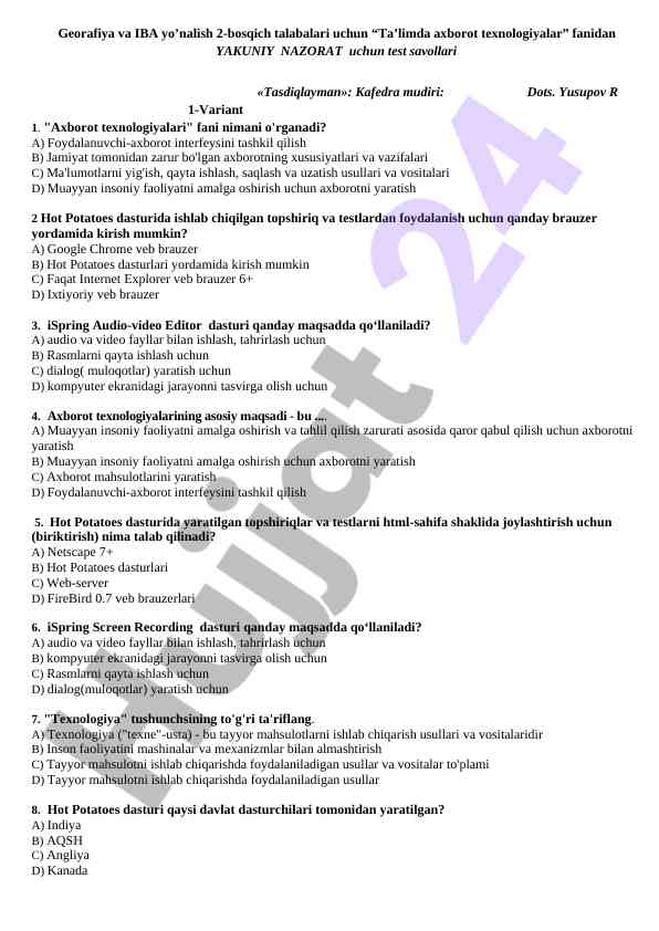Axborot texnologiyalar fanidan yakuniy nazorat test savollari