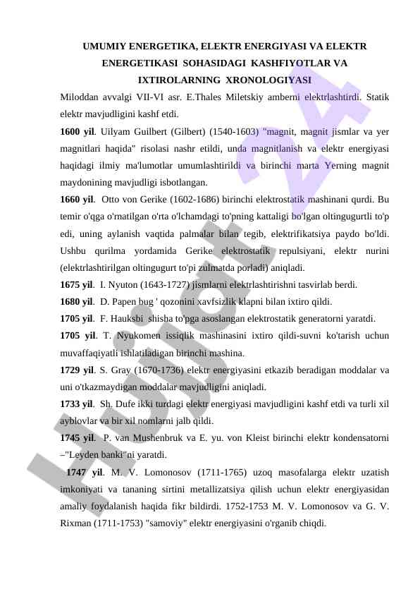 Elektr energetikasi sohasidagi kashfiyotlar tarixi