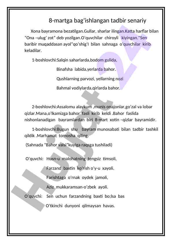 8-mart bayramiga bag’ishlangan tadbir senariy