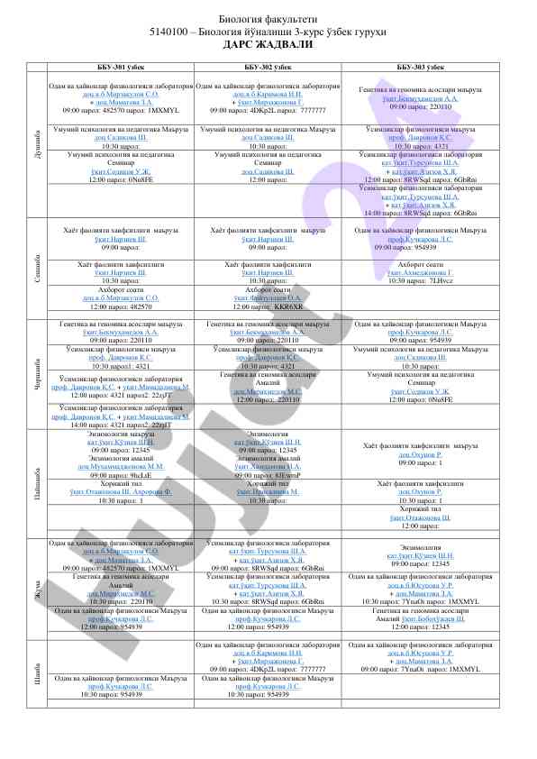 Biologiya yo'nalishi 3-kurs dars jadvali