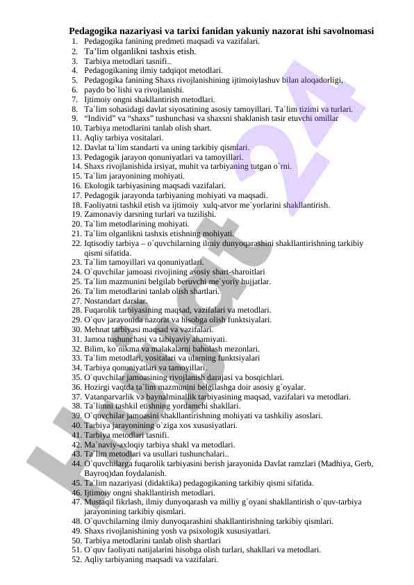 Pedagogika Nazariyasi Va Tarixi Fanidan Nazorat