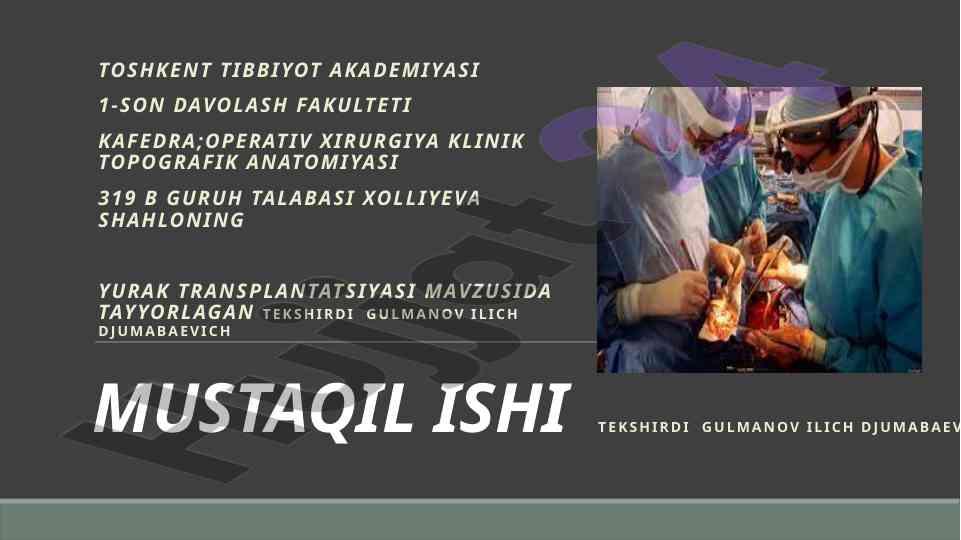 Yurak Transplantatsiyasi Mavzusida Mustaqil Ish
