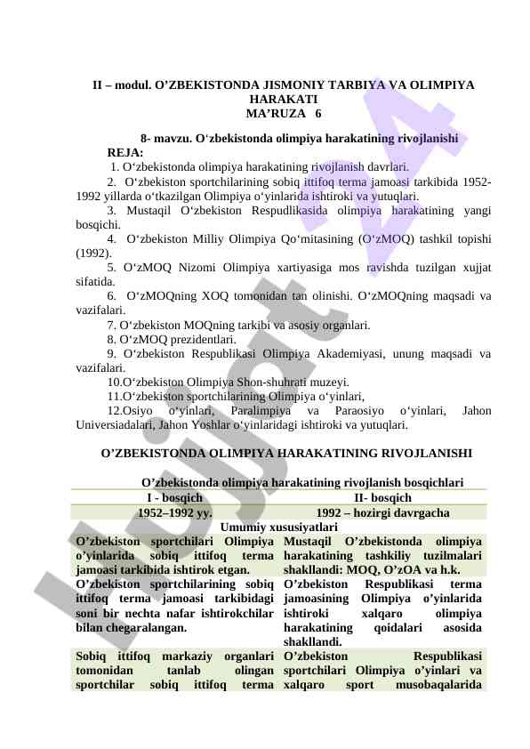 O‘zbekiston olimpiya harakatining rivojlanishi