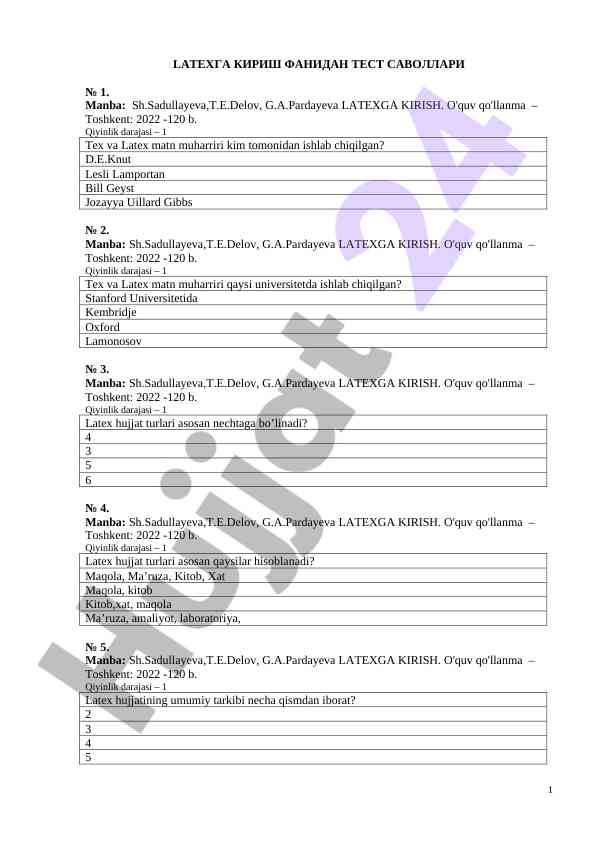 Latex fanidan test savollari va javoblar