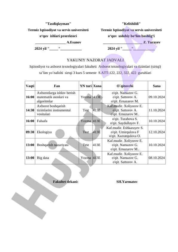 Iqtisodiyot fakulteti yakuniy nazorat jadvali