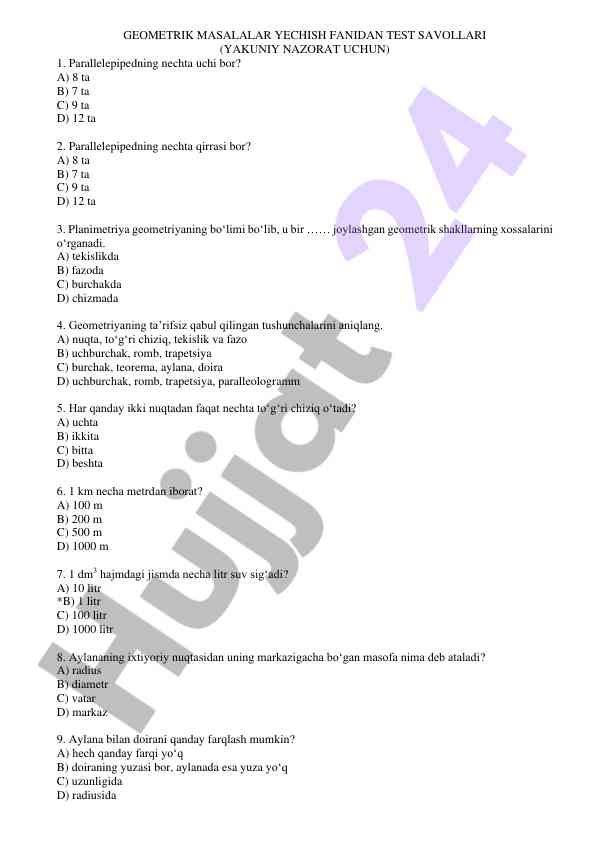 Geometrik masalalar yechish fanidan test savollari