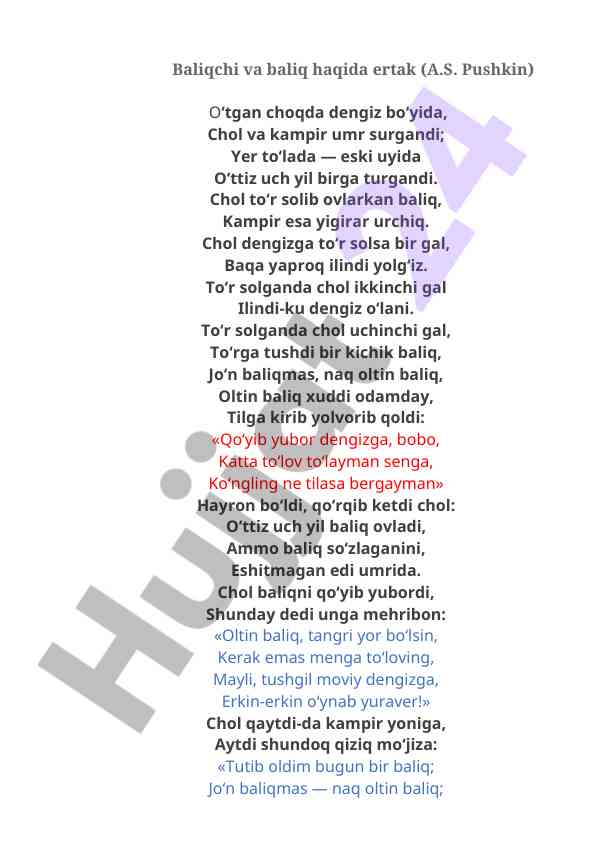 Baliqchi va baliq haqida ertak tahlili
