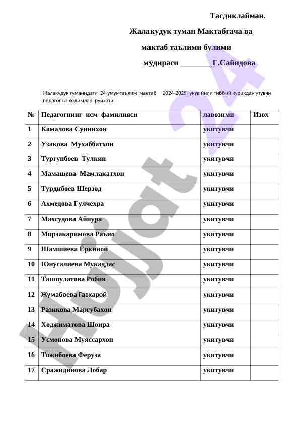 Tibbiy kurikdan o‘tuvchi pedagoglar ruyhati