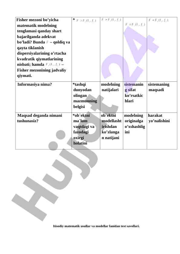 Itisodiy Matematik Usullar Va Modellar Test Savollari