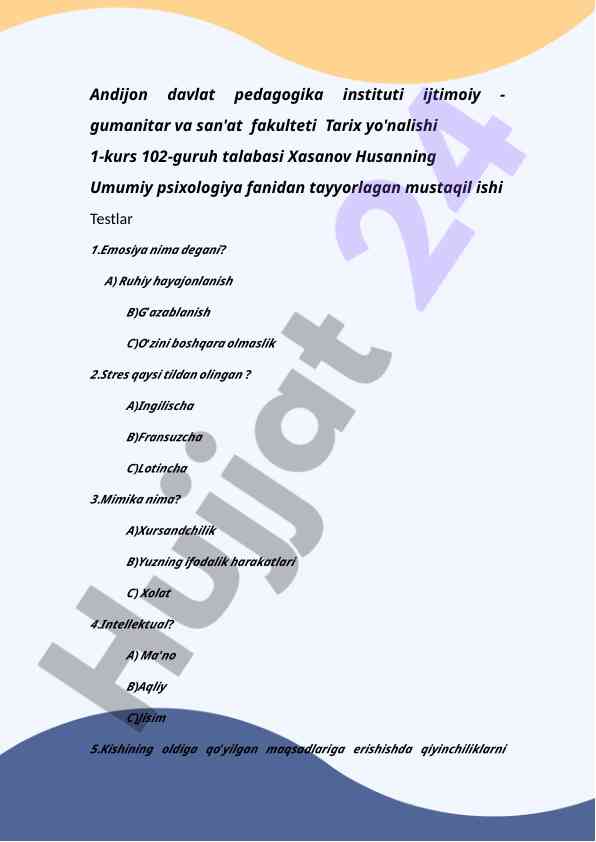 Umumiy psixologiya fanidan test savollari