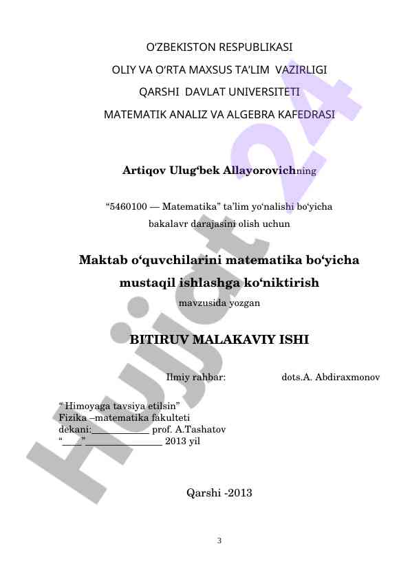 Maktab o‘quvchilarini matematika bo‘yicha mustaqil o‘rganish