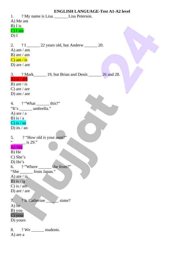 English language test a1 a2 level