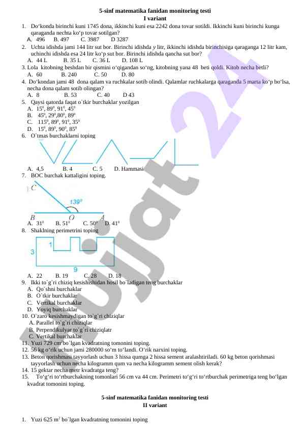 Matematika monitoring testi 5-sinf i variant