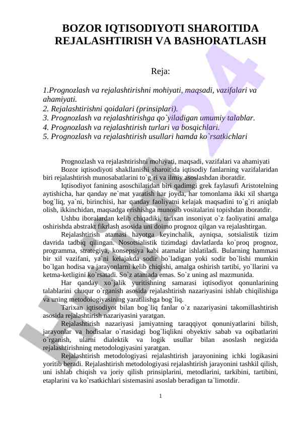 Bozor iqtisodiyoti sharoitida rejalashtirish
