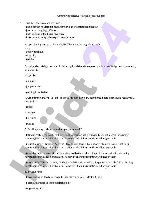 Umumiy psixologiya fanidan test savollari