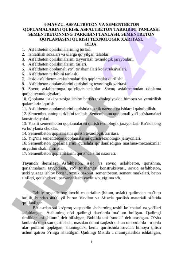 Asfaltbeton va sementbeton qoplamalarini qurish