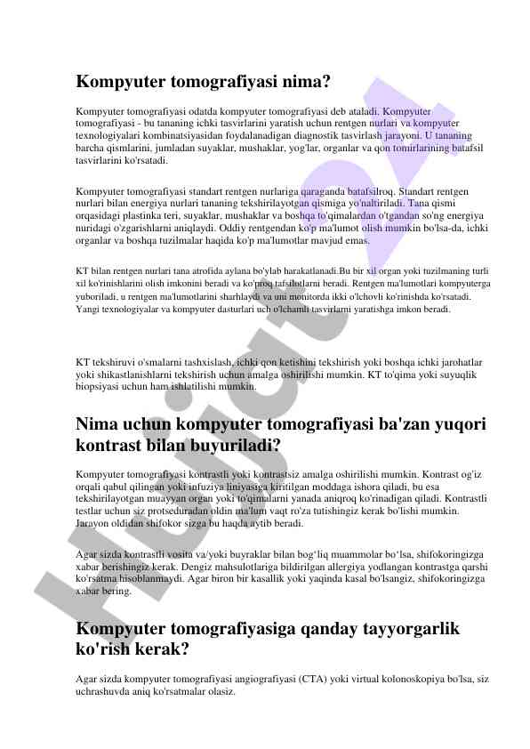 Kompyuter tomografiyasi diagnostik tasvirlash jarayoni