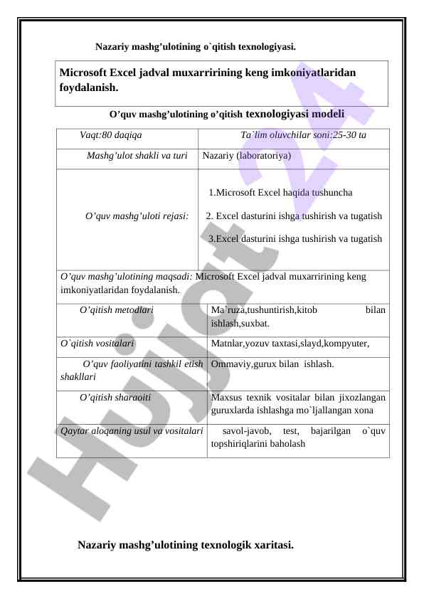 Nazariy mashg‘ulot o‘qitish texnologiyalari modeli