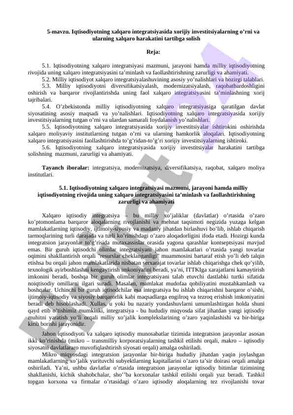 Xalqaro integratsiyada xorijiy investitsiyalar o’rni