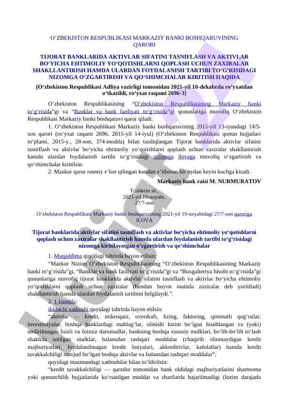 Tijorat banklarida aktivlar sifatini tasniflash tartibi