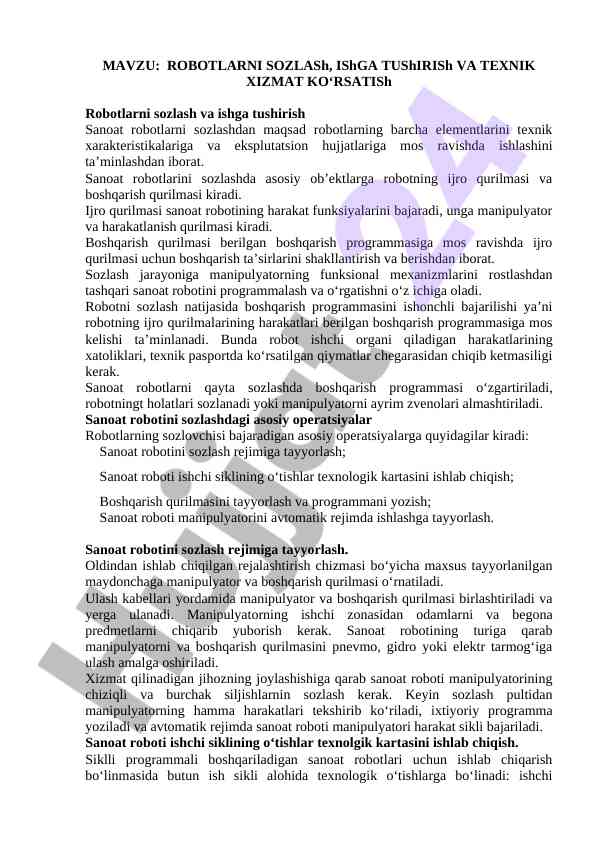 Robotlarni sozlash va ishga tushirish asoslari