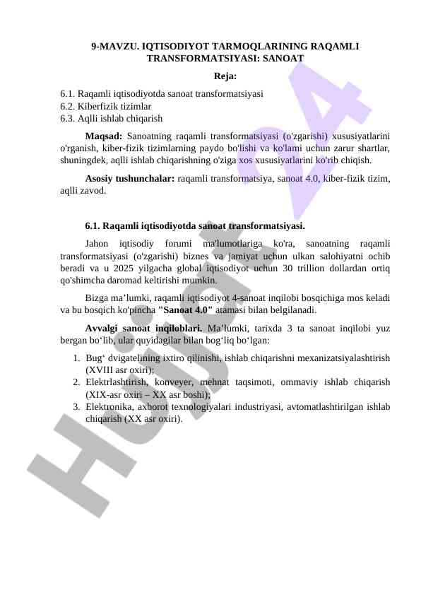 Iqtisodiyot Tarmoqlarining Raqamli Transformatsiyasi