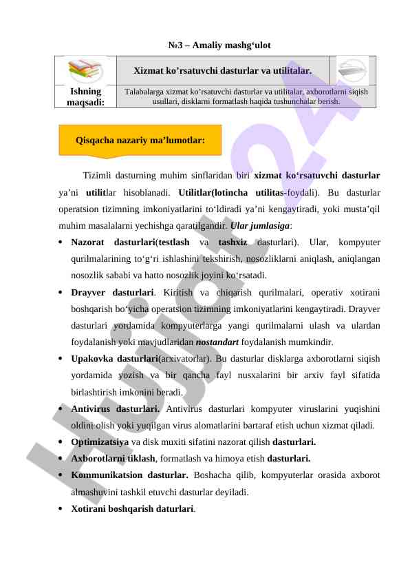 Utilit dasturlarining tizimli baho berish vazifasi