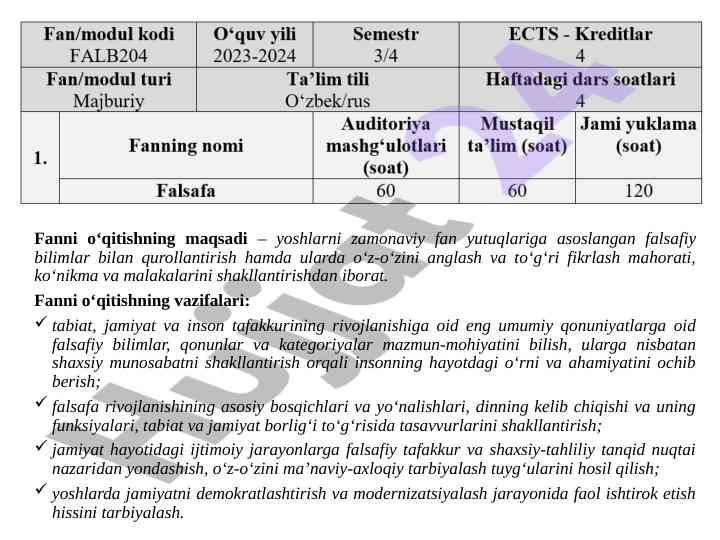 Fanni o‘qitishning maqsadi va vazifalari