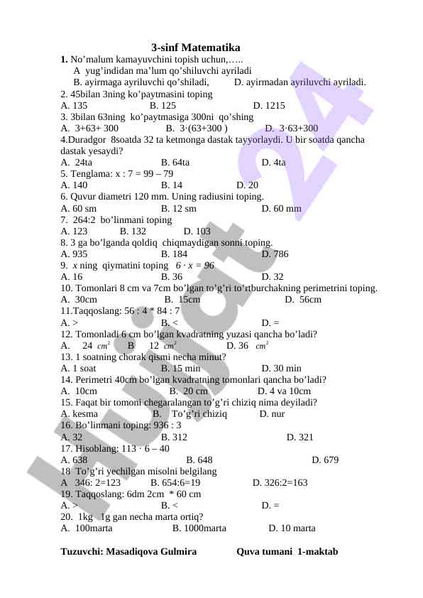 3-sinf matematika mavzusi bilan tanishuv