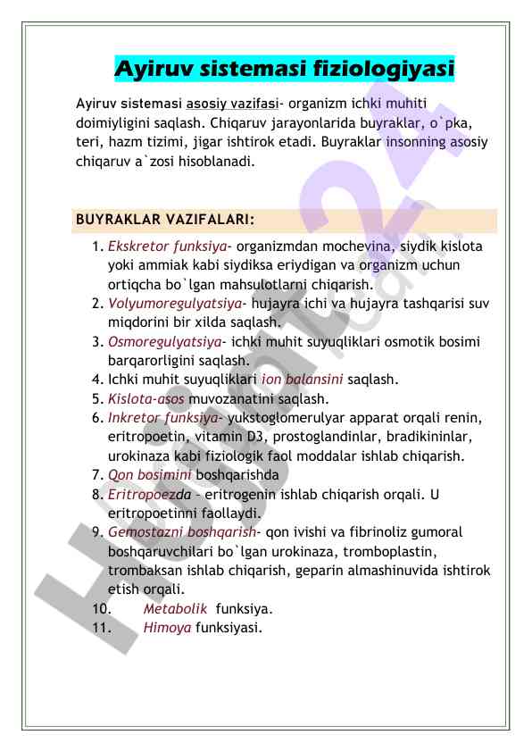 Ayiruv sistemasi fiziologiyasi va vazifalari