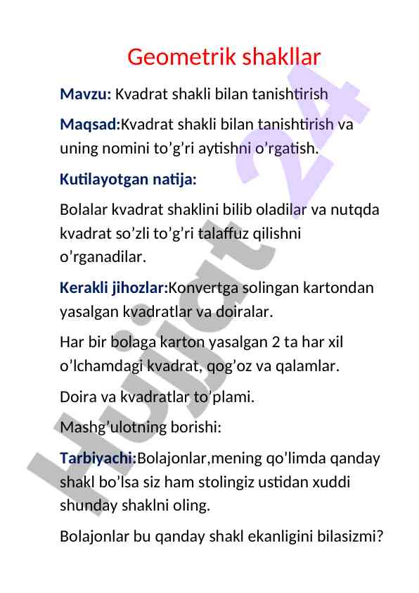 Kvadrat shakli bilan tanishtirish mashg’uloti