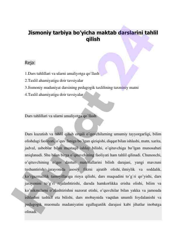 Jismoniy tarbiya darslarini tahlil qilish rejasi