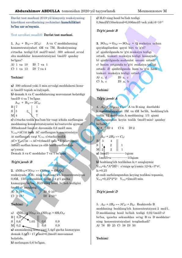Kimyoviy reaksiyaning kinetikasi test savollari