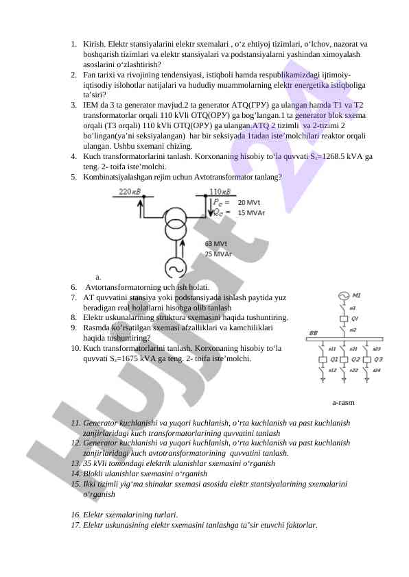 Elektr stansiyalarining elektr sxemalari bo'yicha tadqiqot