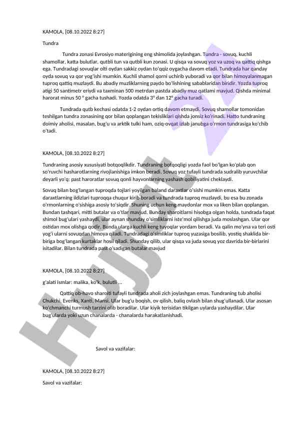 Tundra zonasi va uning asosiy xususiyatlari