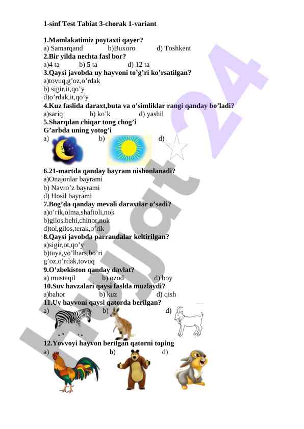 1-sinf test tabiat 3-chorak variantlari