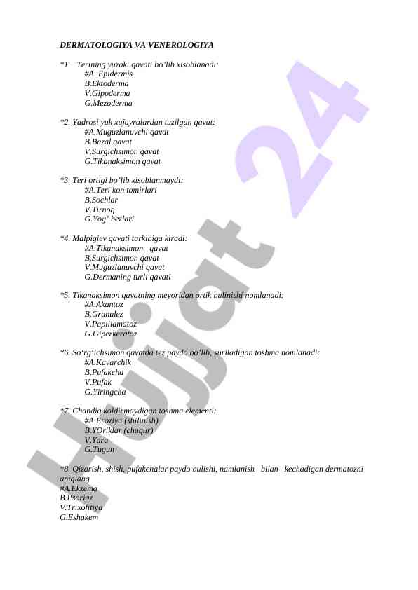 Dermatologiya va venerologiya imtihon savollari
