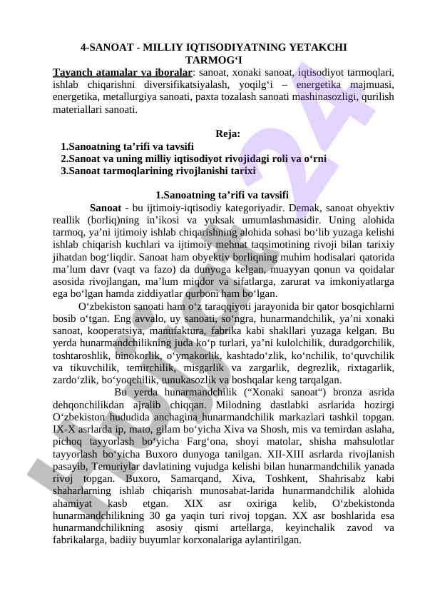 Sanoatning ta'rifi va milliy iqtisodiyotdagi roli