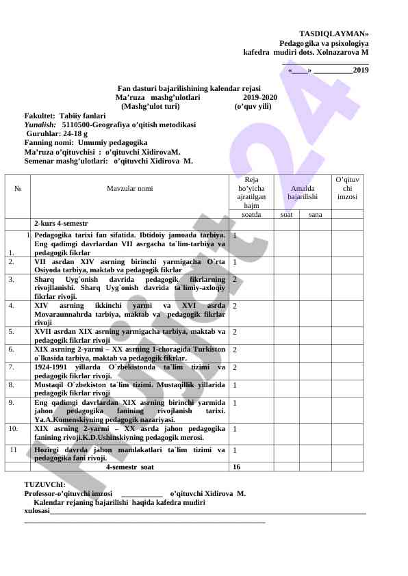Umumiy pedagogika kalendar rejasi 2019-2020
