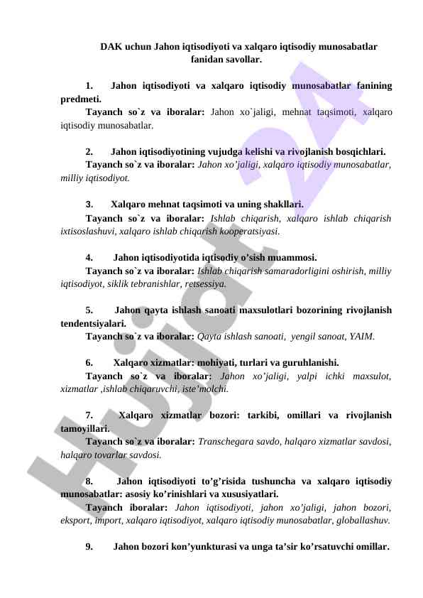 Jahon iqtisodiyoti va xalqaro iqtisodiy munosabatlar savollari
