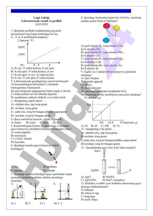 Kimyo laboratoriyasi test savollari 7-sinf uchun