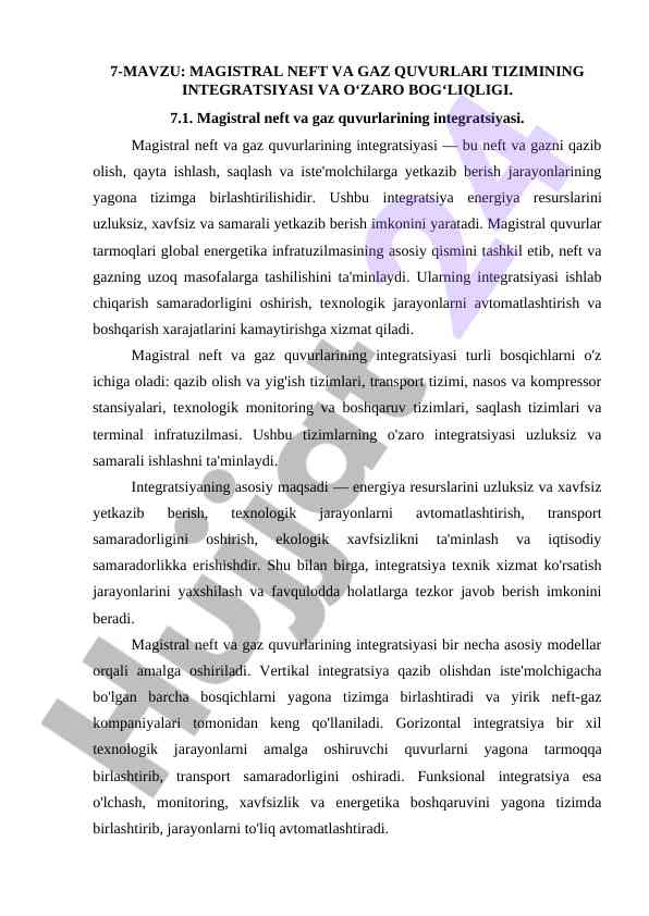Integratsiya va o'zaro bog'liqlik magistral neft va gaz tizimi