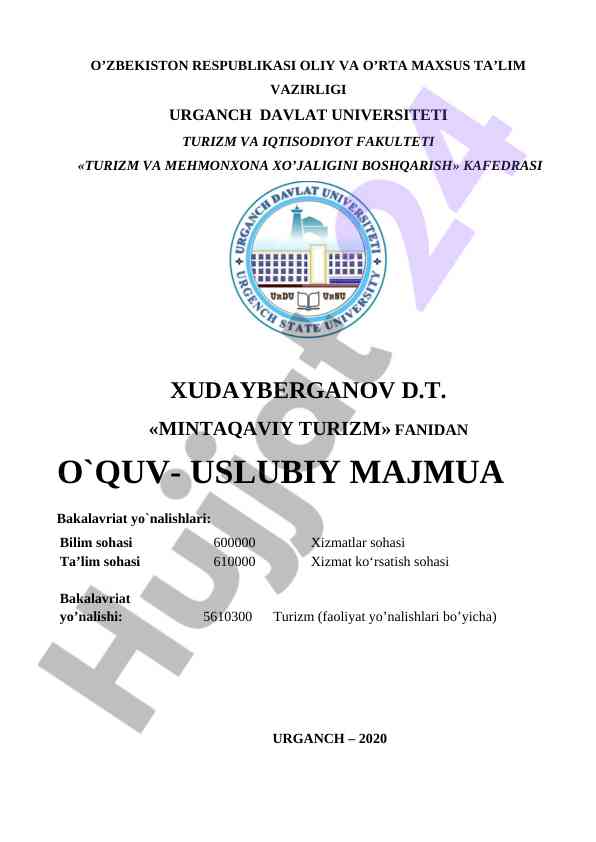 Mintqaviy turizm o‘quv-uslubiy majmua
