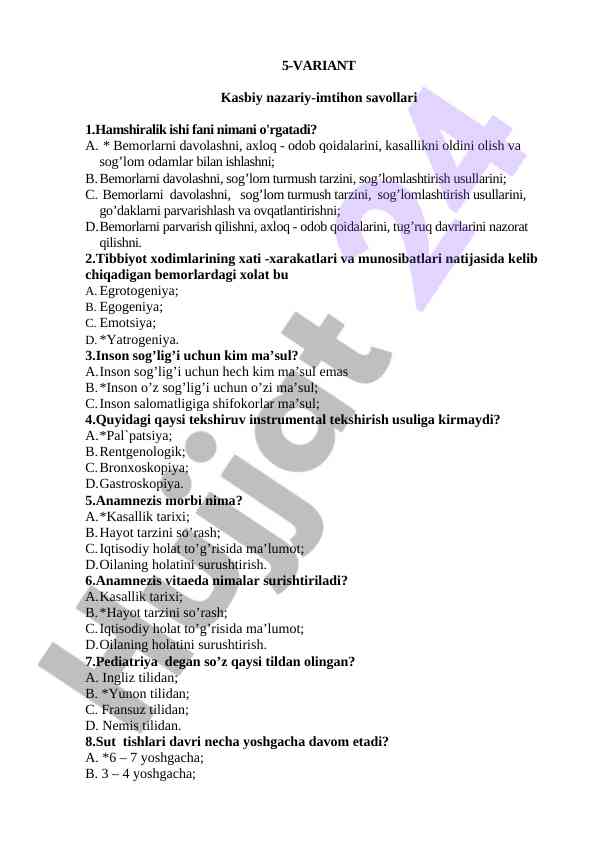 Hamshiralik ishtirokida imtihon savollari
